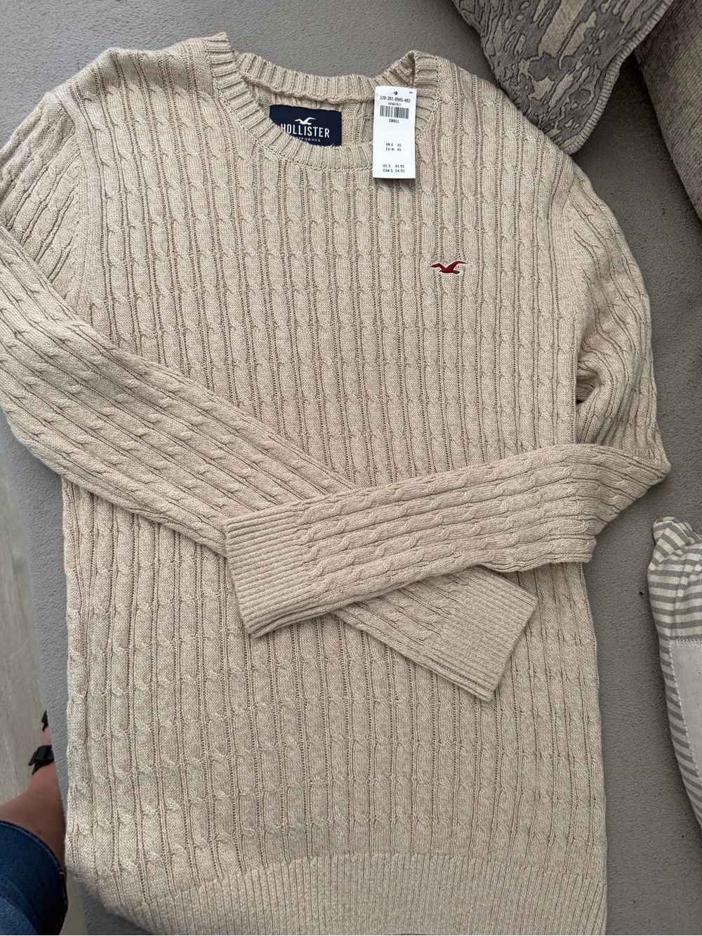 Hollister Men's Cable Knit Crewneck Sweater - Light Beige with Red Logo